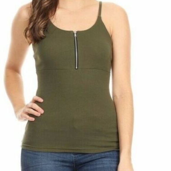 Olive Zipper Scoop Neck Sleeveless Cami Tank Top - Picture 2 of 2